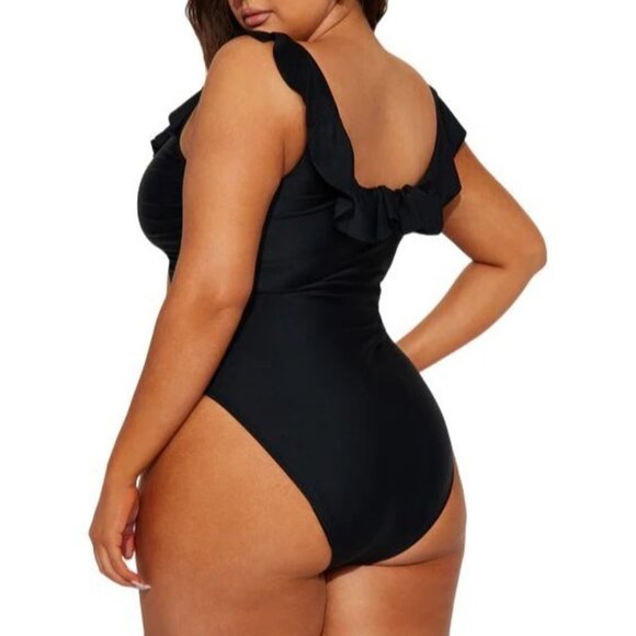 Pretty Little Thing Womens Black Frill Edge Ring Detail Cutout Swimsuit Size 22 - Picture 8 of 12